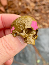 Load image into Gallery viewer, Brass Japanese Garden Skull w/ pink ceramic cherry blossom, sz9
