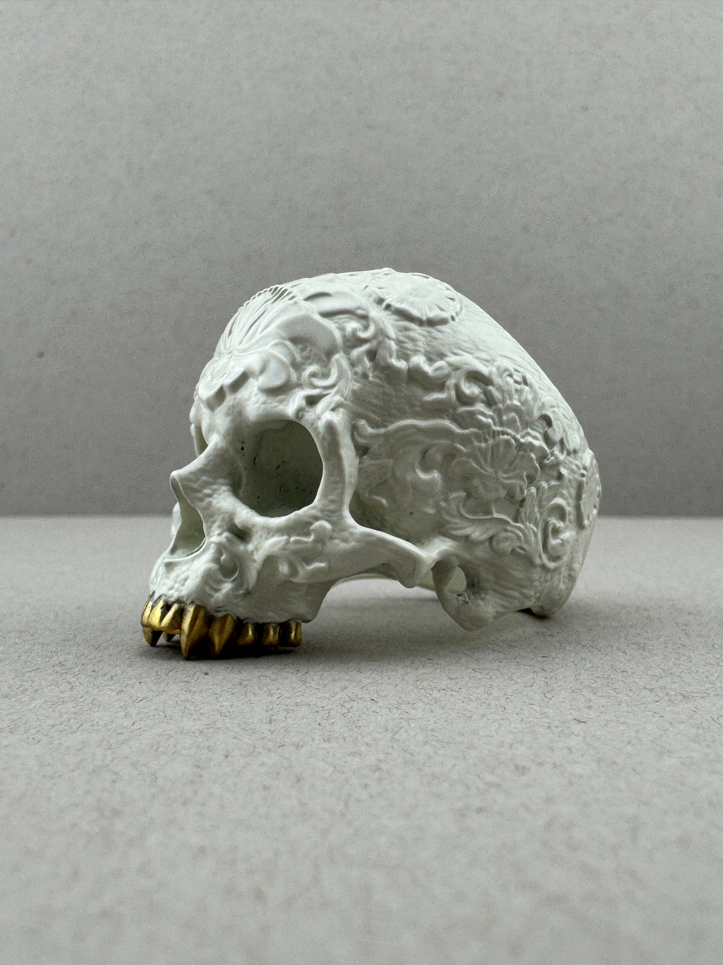 Sz14.5 White Ceramic on Brass Ornamental Skull Ring