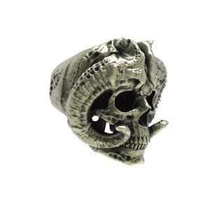Brass Horned Demon Skull Ring