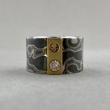 Cargar imagen en el visor de la galería, Banda de tiras de oro Mokume/diamante sz8