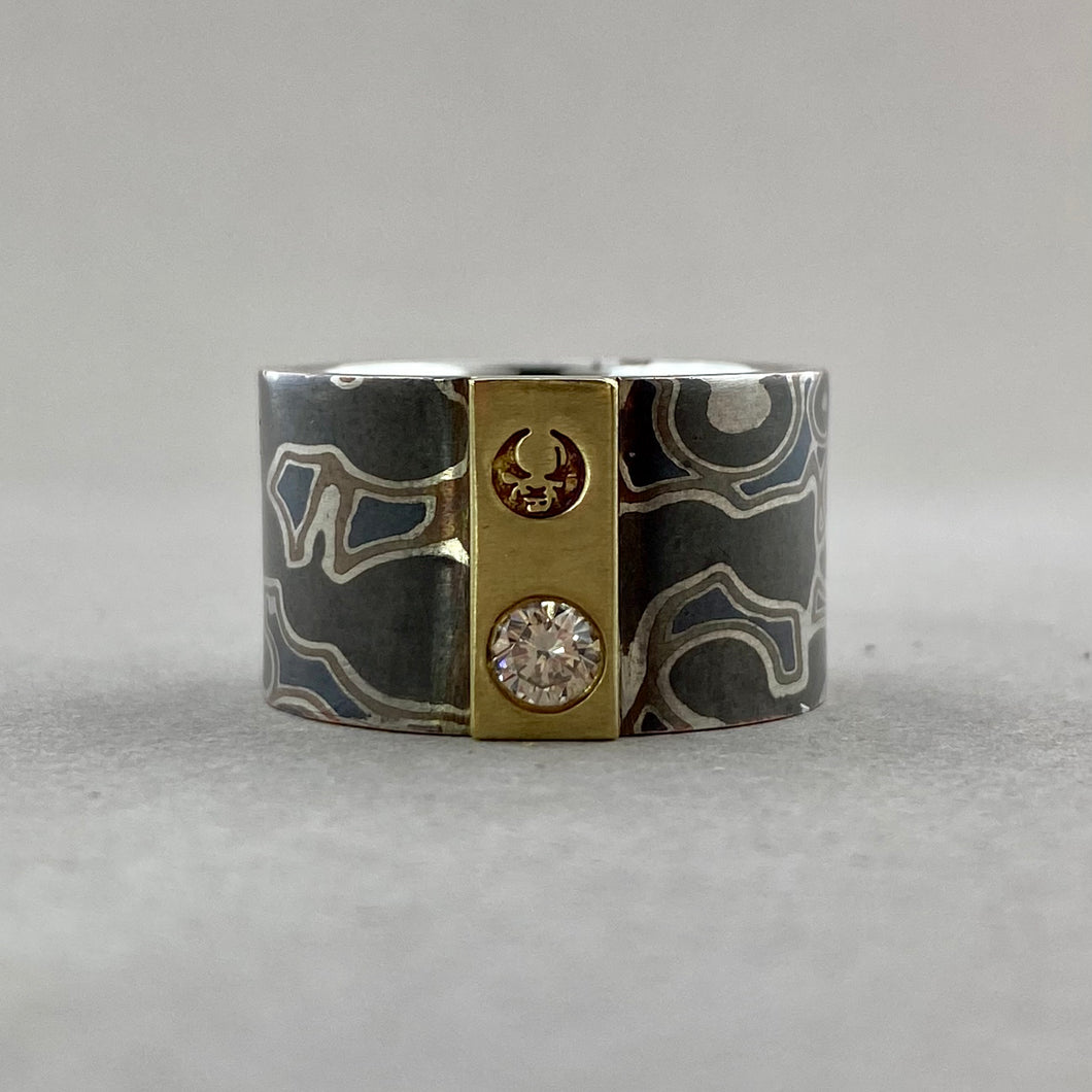 Banda de tiras de oro Mokume/diamante sz8