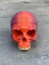 Load image into Gallery viewer, Orange and Cranberry Fade Ceramic on Brass Ornamental Skull Sz15.5
