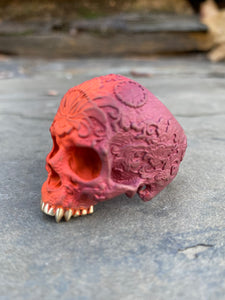 Orange and Cranberry Fade Ceramic on Brass Ornamental Skull Sz15.5
