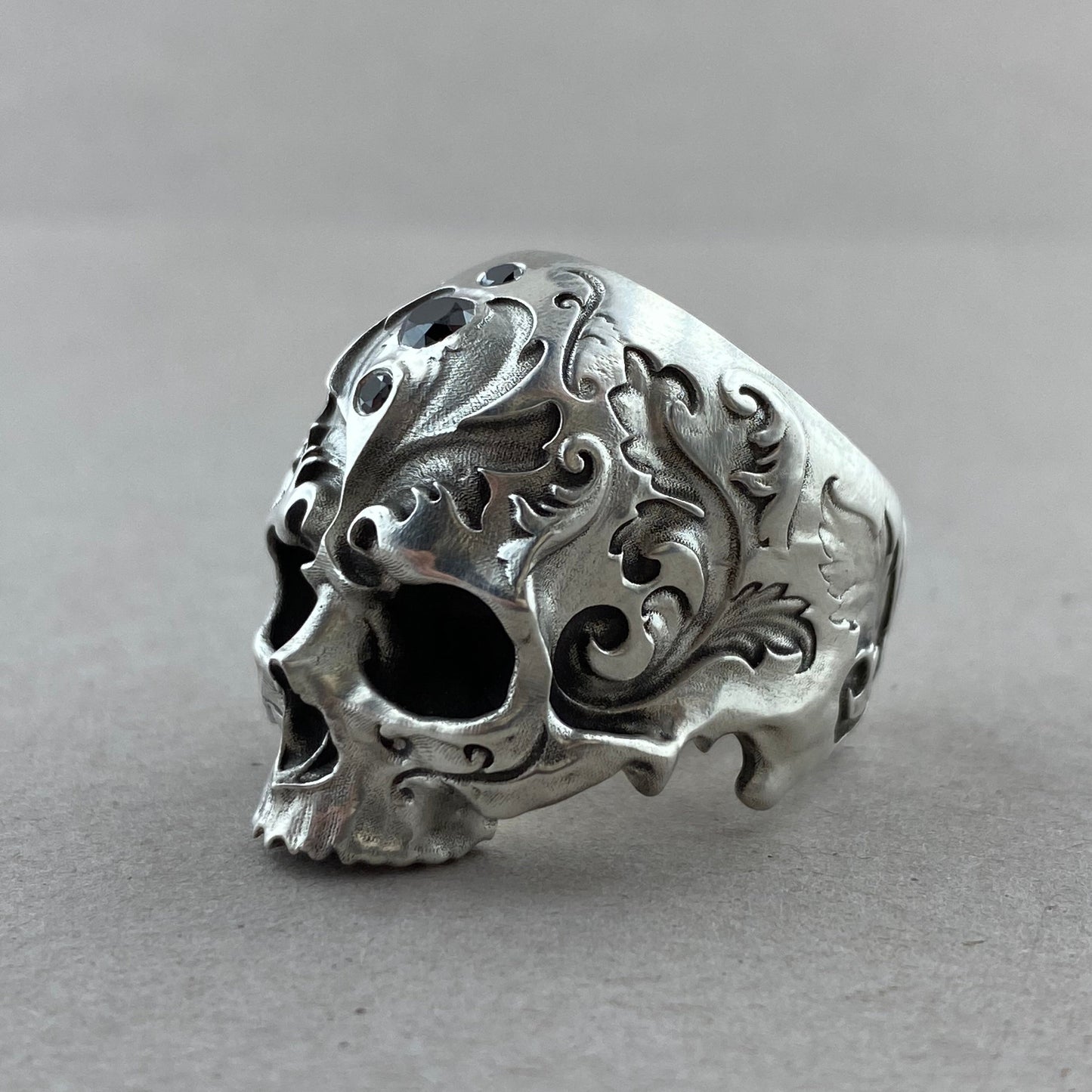 Baroque Skull Sterling Silver w/Black Diamonds