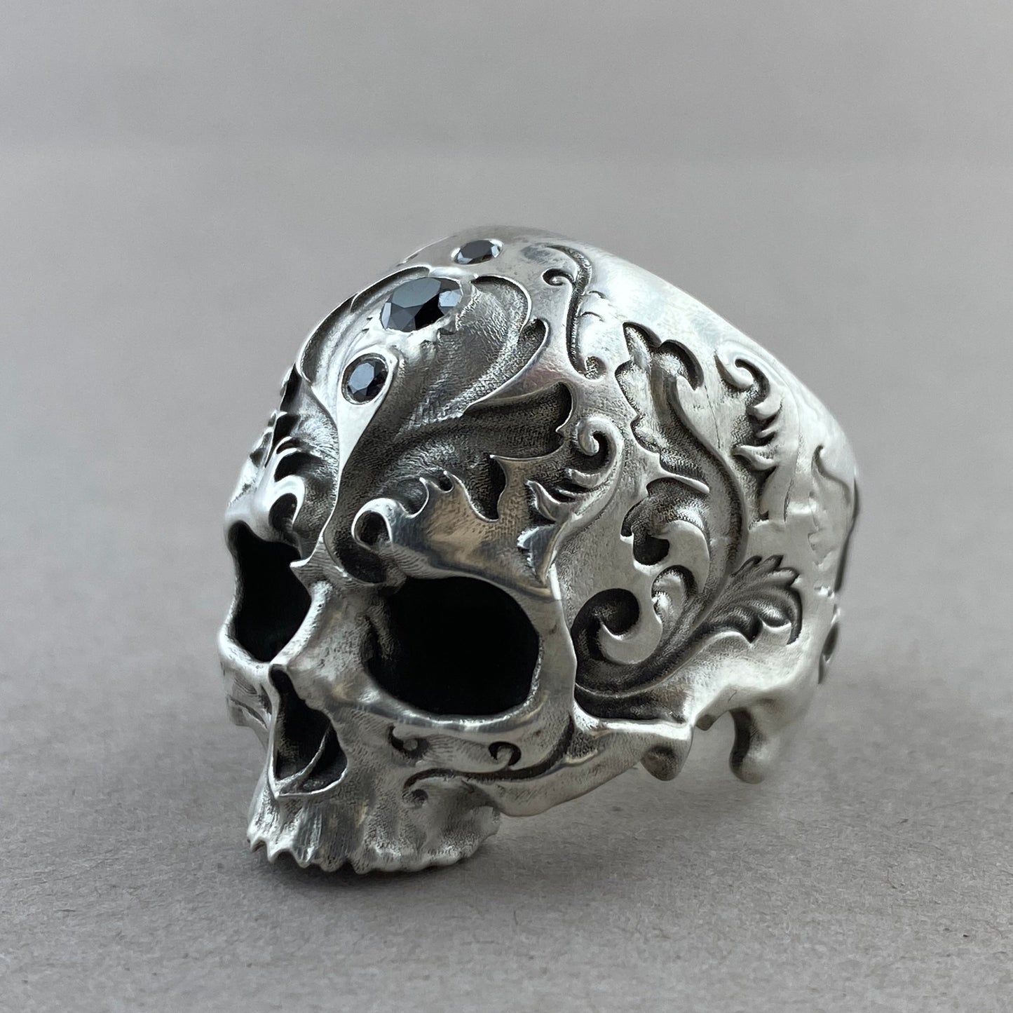 Baroque Skull Sterling Silver w/Black Diamonds