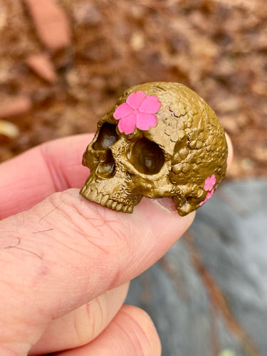 Brass Japanese Garden Skull w/ pink ceramic cherry blossom, sz9