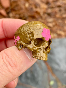 Brass Japanese Garden Skull w/ pink ceramic cherry blossom, sz9