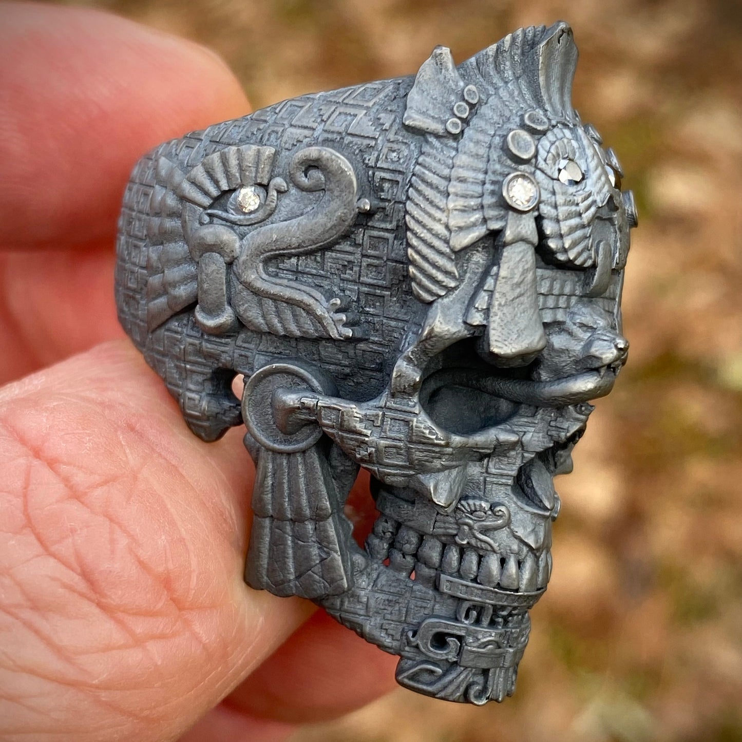 Blackened Sterling MesoSkull Ring with Diamonds