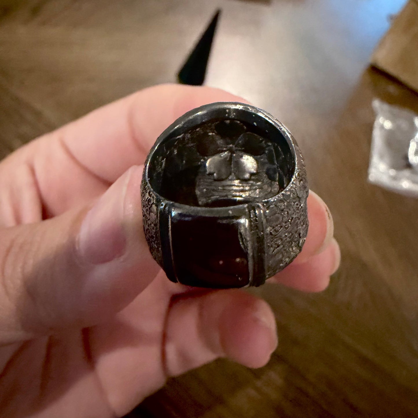 Size 5 Black Rhodium Japanese Garden Skull On Hand