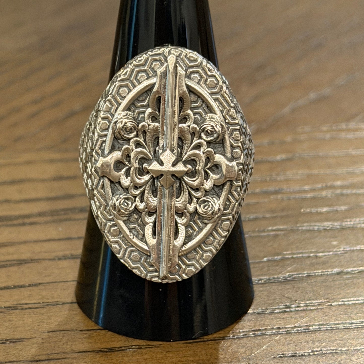 Size 9.25 Gothic Rose Signet On Hand