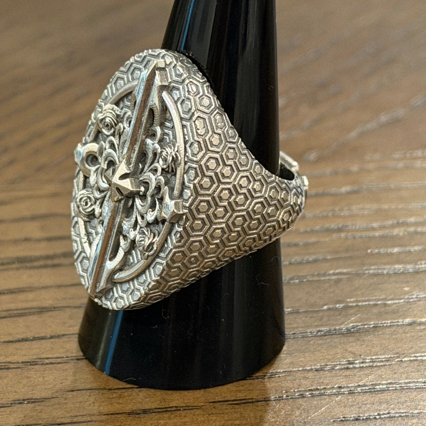 Size 9.25 Gothic Rose Signet On Hand