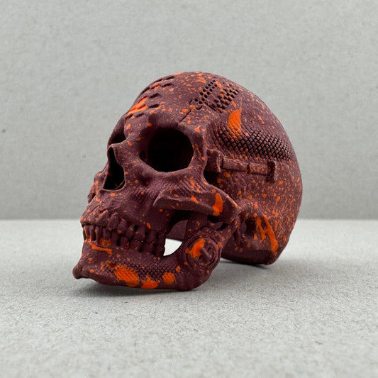 Sz 14.5 Cranberry w/ Orange Splatter on Brass TechSkull.1