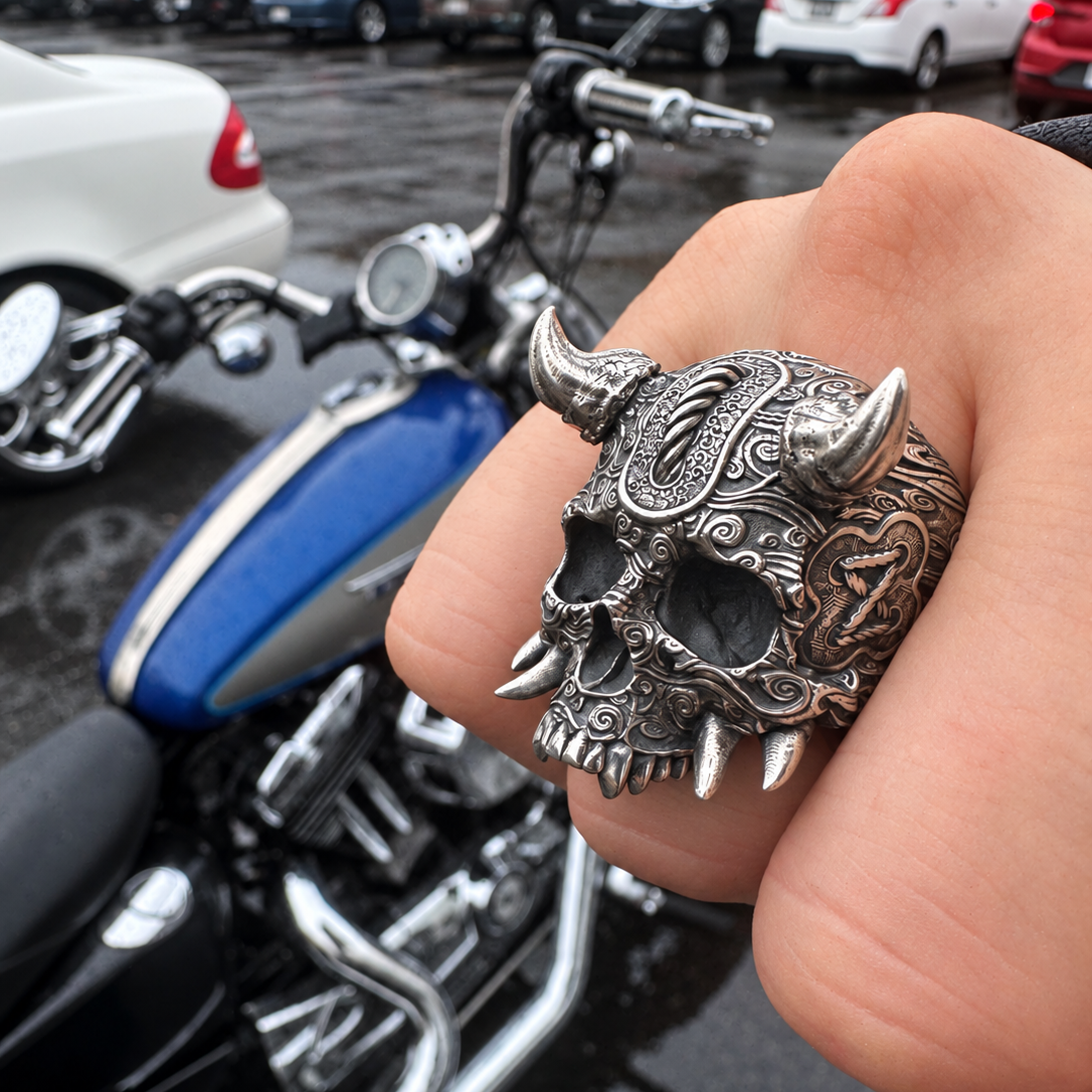 Size 5 Horned Oni Skull Ring Sterling In Stock