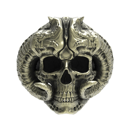 Brass Horned Demon Skull Ring