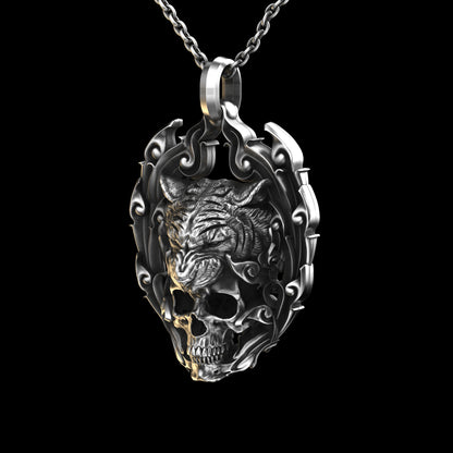 Tiger Skull Sterling Pendant