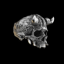 Load image into Gallery viewer, Horned Oni Skull Ring Sterling