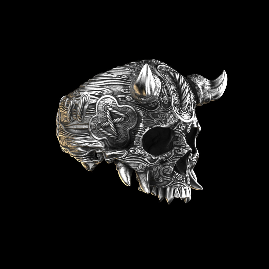 Horned Oni Skull Ring Sterling