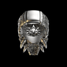 Load image into Gallery viewer, Horned Oni Skull Ring Sterling